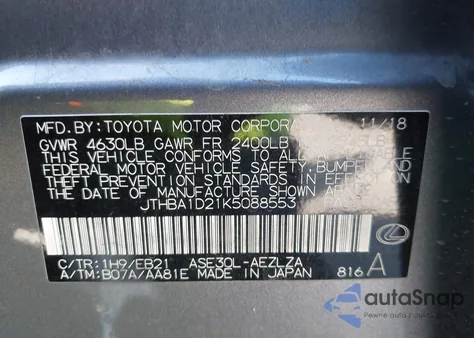 2019 Lexus Is 300 from USA, damaged, VIN JTHBA1D21K5088553